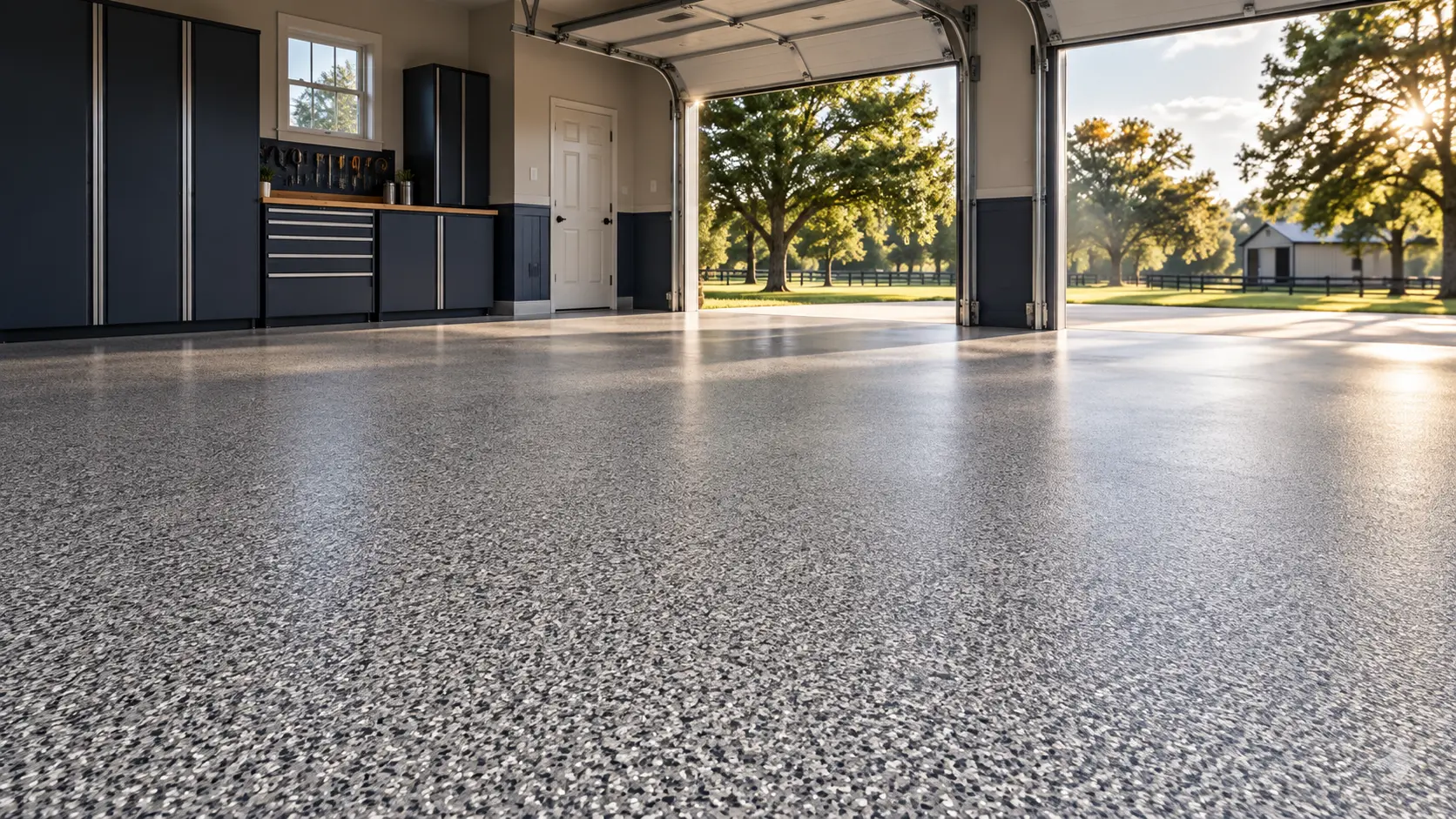 Concept image of a finished decorative garage floor inspired by Restore project photos